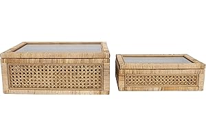 Creative Co-Op Modern Decorative Rectangle Woven Rattan and Wood Display Boxes with Glass Top, Set of 2 Sizes, Natural Finish