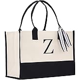 VANESSA ROSELLA Personalized Gift Monogram Initial 100% Cotton Two Tone Chic Tote Bag with Customize Option - Black