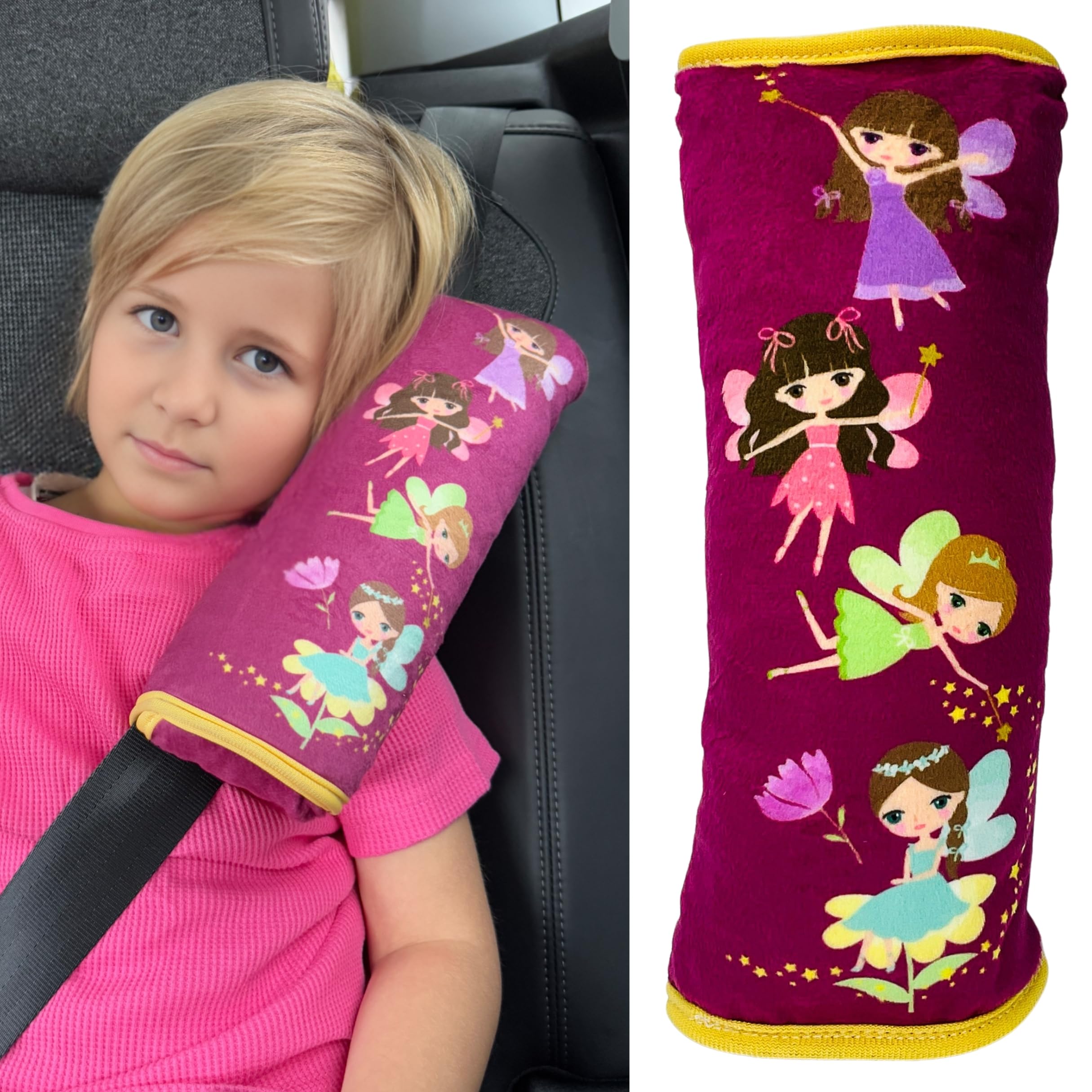 HECKBO fairy faires car seatbelt pillow for children - machine washable - girl boy kids children soft car seat belt cover sleeping pillows protection car travel pillow cushion vacation