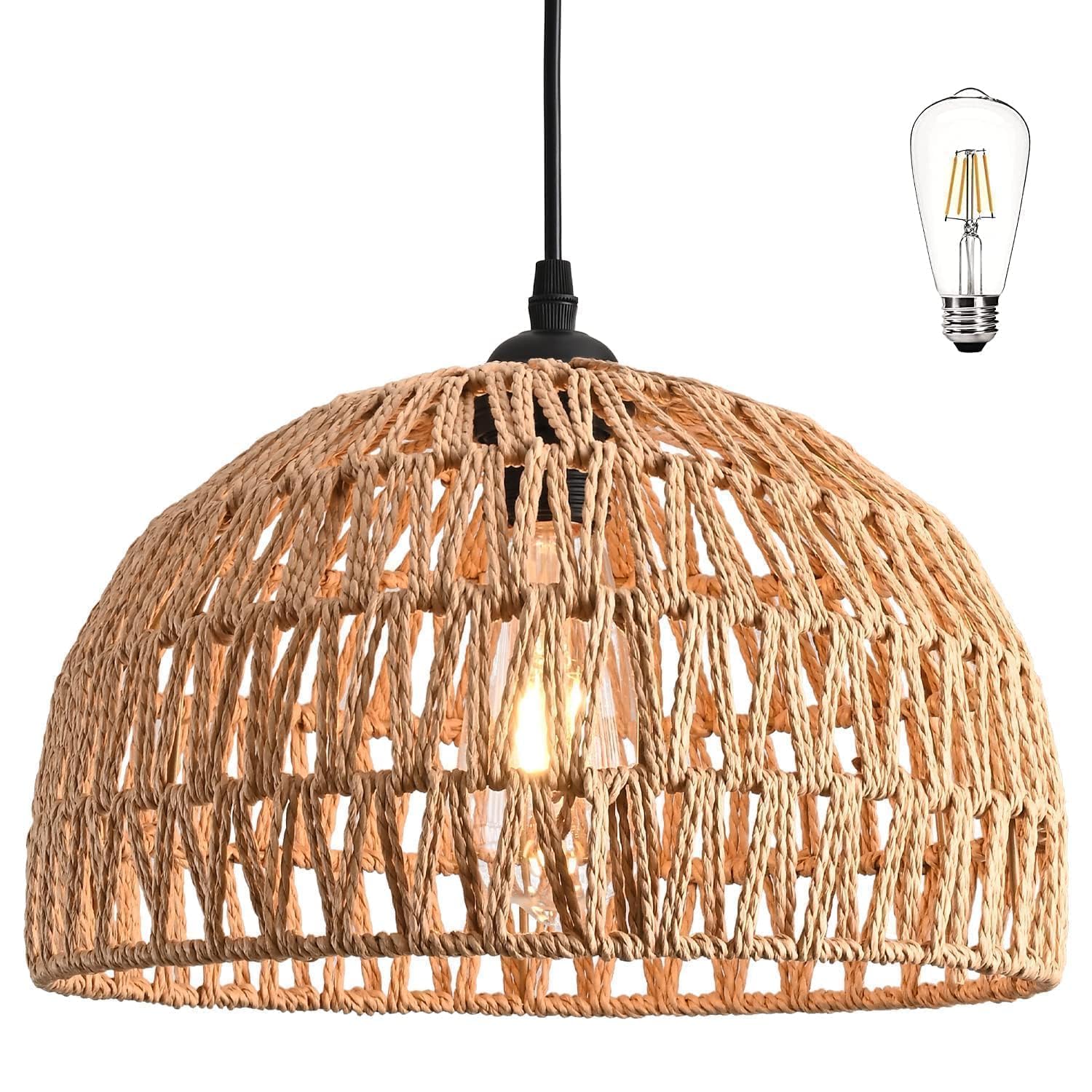 Photo 1 of AyshwillDec Hemp Rope Woven Pendant Light Woven Light Fixture Boho Chandelier Light Fixture Wicker Pendant Lights Rattan Lights Pendant Dome Wicker Chandelier for Dining Room Kitchen Island(Bulb Incl.