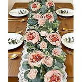 2 Pack 13Ft Artificial Eucalyptus Floral Garland with 16 Flowers Vintage Peony Rose, Pink Fake Flower Greenery Spring Garland Floral Vines for Mantle Wedding Arch Home Table Runner Backdrop Decor