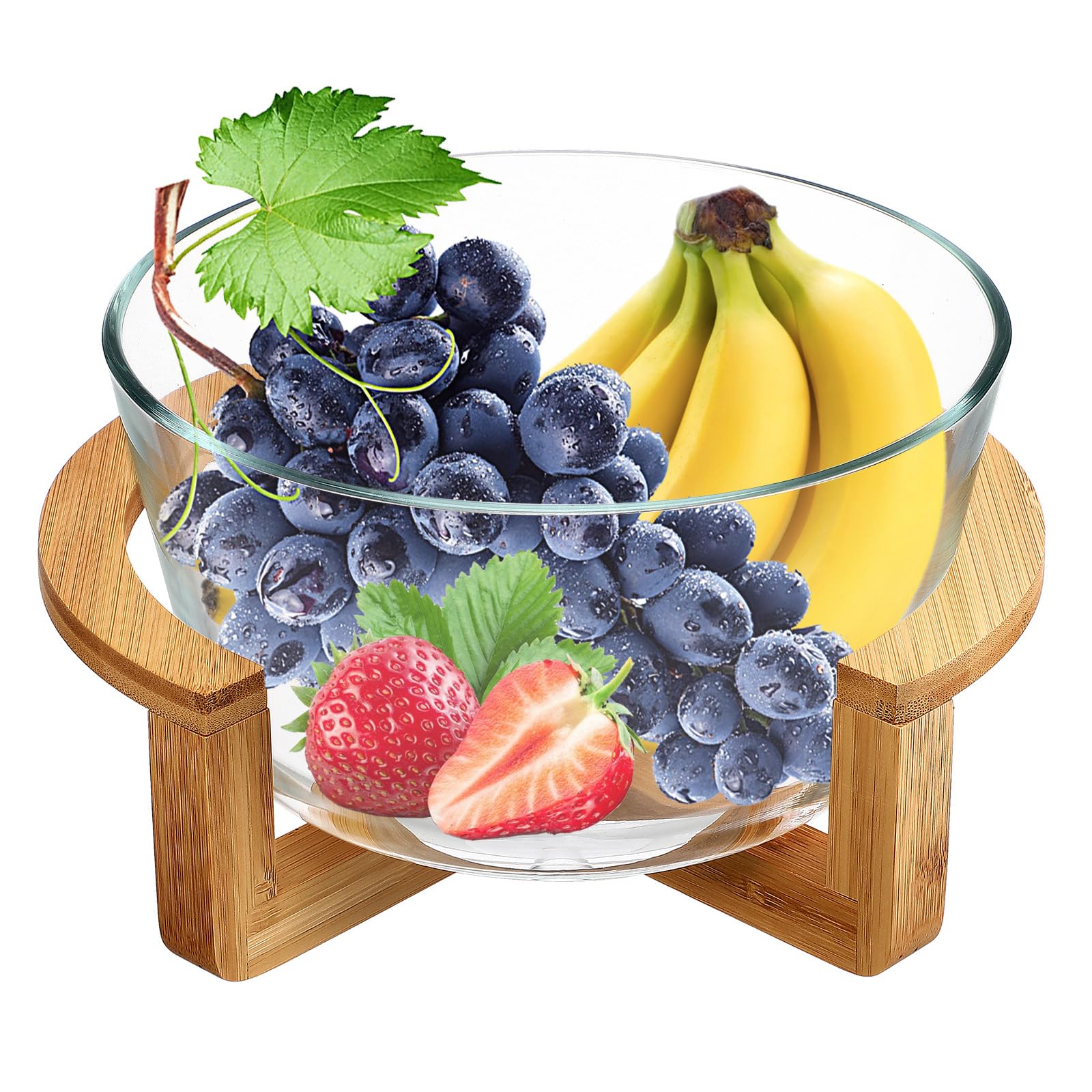 Cabilock Heat-Resistant Glass Bowl with Wooden Stand 9.5 Inch Serving Bowl for Salads Fruits and Desserts Versatile Kitchen Tableware