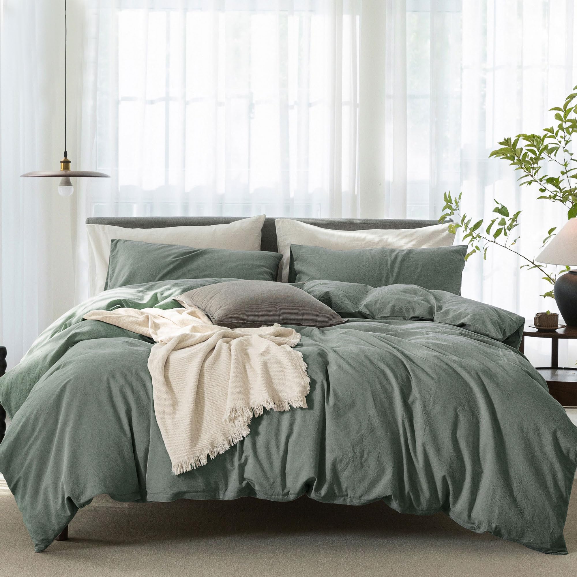 Photo 1 of ELIMMO Cooling Full Duvet Cover Set 3 Pieces-100% Washed Cotton Linen Like Textured Ultra Soft Cozy Bedding with Zipper Closure,Includes 1 Duvet Cover & 2 Pillow Shams(Green,Full 80"x90")