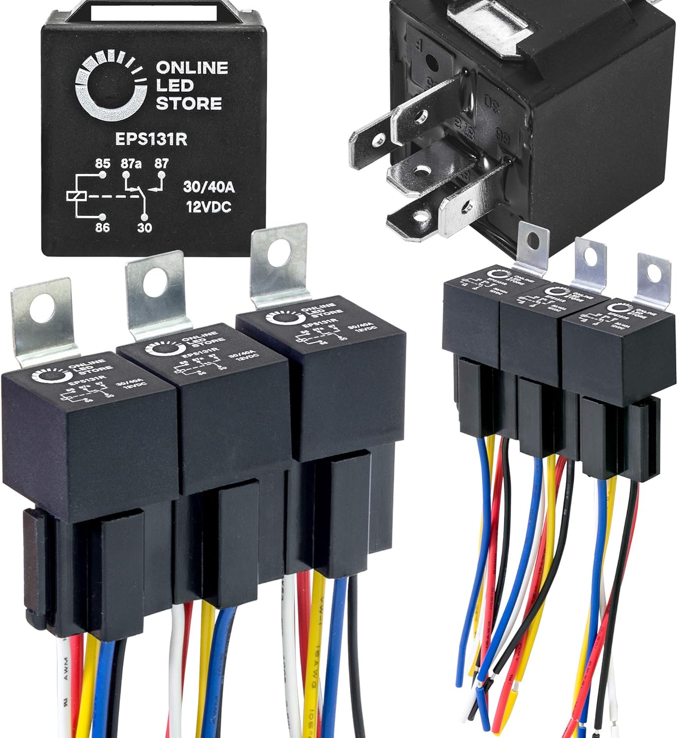 ONLINE LED STORE 6 Pack Bosch Style 5-Pin 12V Relay Kit [Interlocking Harness Socket Holder] [14 AWG Hot Wires] [SPDT] [30/40 Amp] 12 Volt Automotive Relays for Auto Fan Cars: Automotive