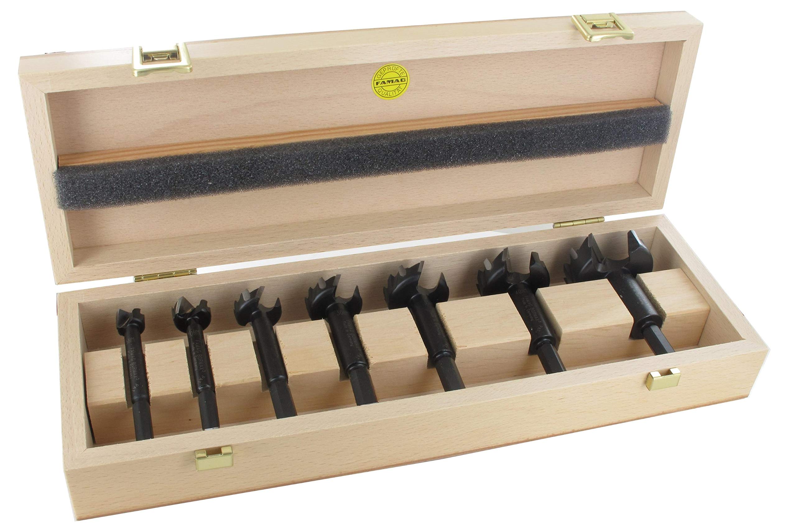 FAMAG Bormax Carbide Forstner Drill Bit Set D = 15, 20, 25, 30, 35, 40, 50 mm Centring Point, Carbide Main Cutting Edge and Carbide Tipped Serrated Circumferential Cutting Edge in Waveform in Wooden
