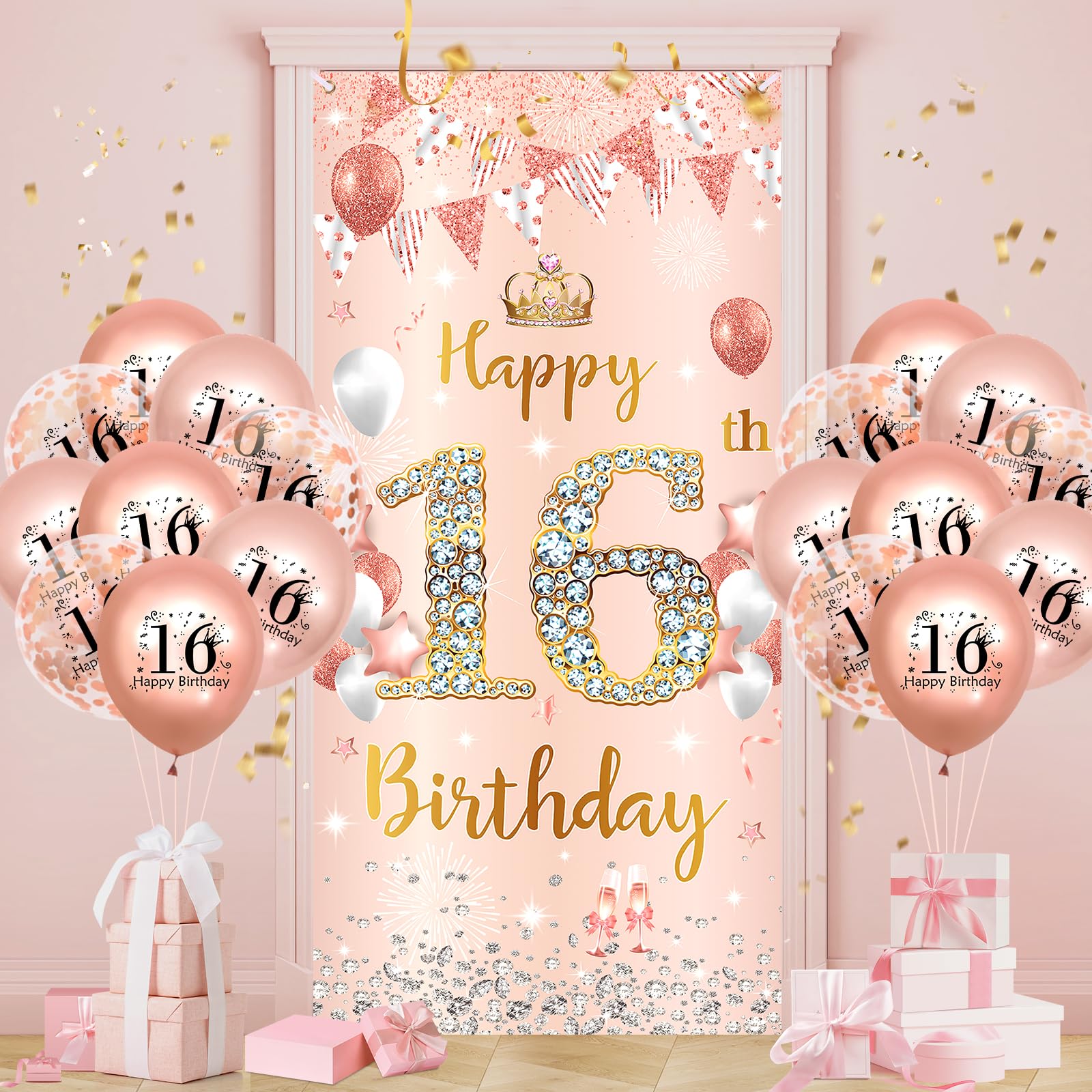 Photo 1 of 16th Birthday Party Decorations for Girls Rose Gold Happy 16th Birthday Banner with 18pcs 16th Balloons 16th Door Cover Backdrop Set for Girls Boys Birthday Anniversary Party Sign Porch Decor Supplies
