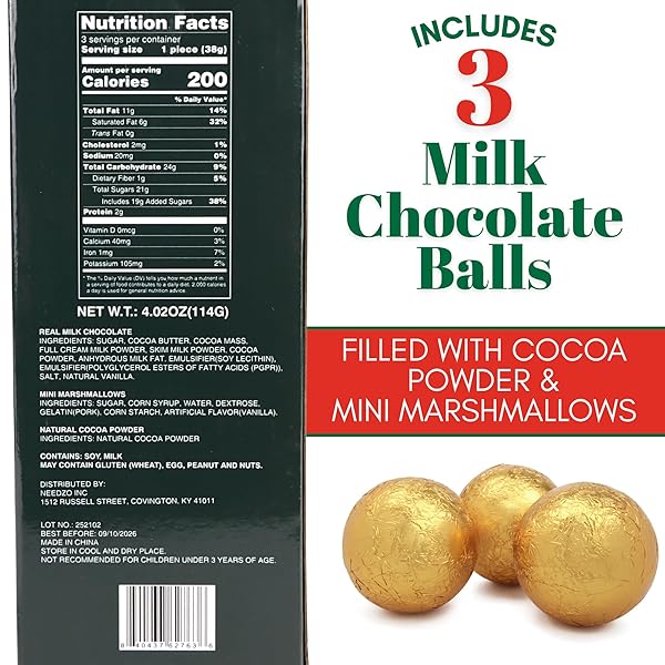 HOT COCOA MELTING BALLS WITH MINI MARSHMALLOWS, CREAMY MILK CHOCOLATE MELTS, INDIVIDUALLY WRAPPED, CHRISTMAS STOCKING STUFFERS, 3 COUNT (PACK OF 2)