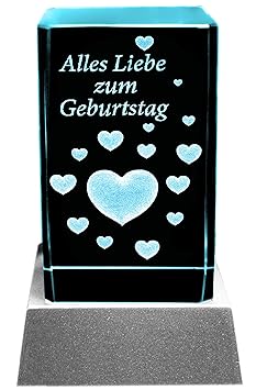 Kaltner Präsente Stimmungslicht LED Kerze/Kristall Glasblock / 3D-Laser-Gravur Herzen ALLES LIEBE ZUM GEBURTSTAG
