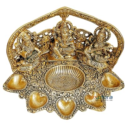Nexplora Industries Pvt. Ltd. Metal Large Laxmi Ganesh Saraswati Idol Oil Lamp Diya | Deepak | 5 Divi Deepam | Puja Item