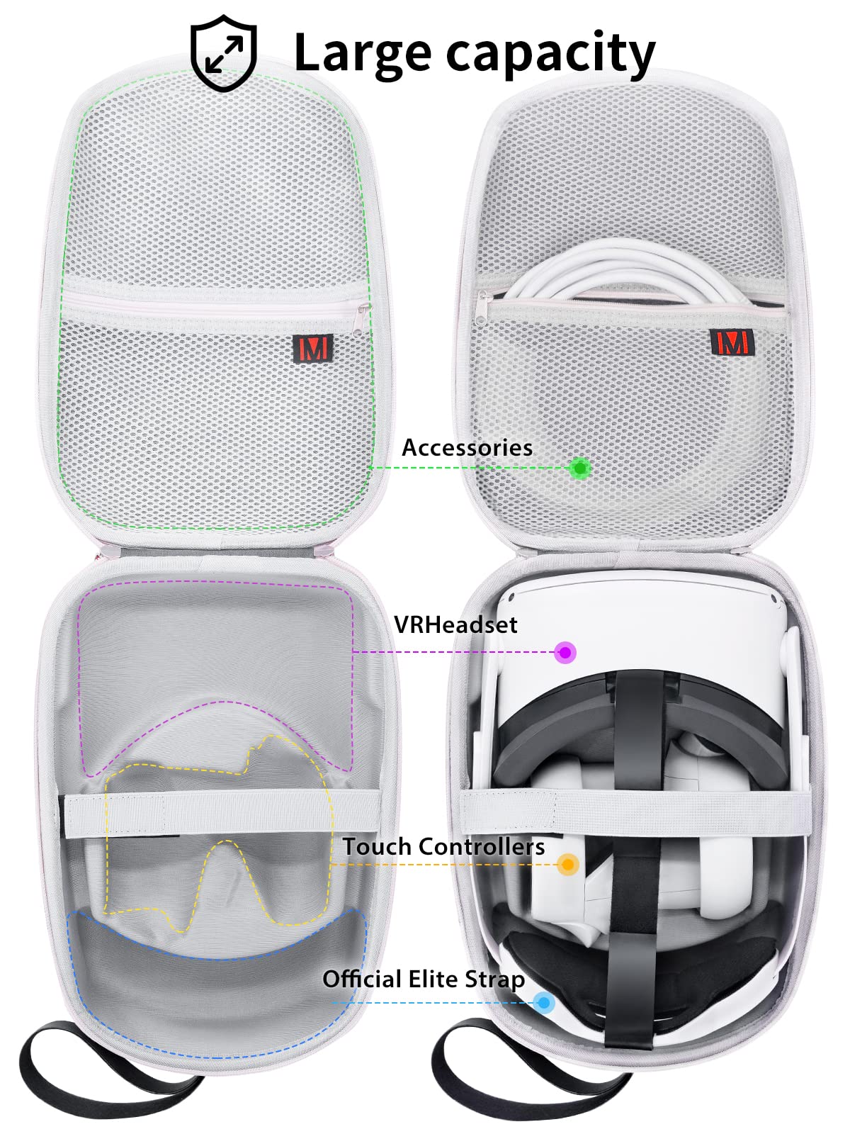 TOENNESEN Hard Carrying Case for Meta Quest 3/Oculus Quest 2/Vision Pro VR Headset with Official Elite Battery Strap and Touch Controllers Accessories, Lightweight for Travel and Home Storage(Grey)