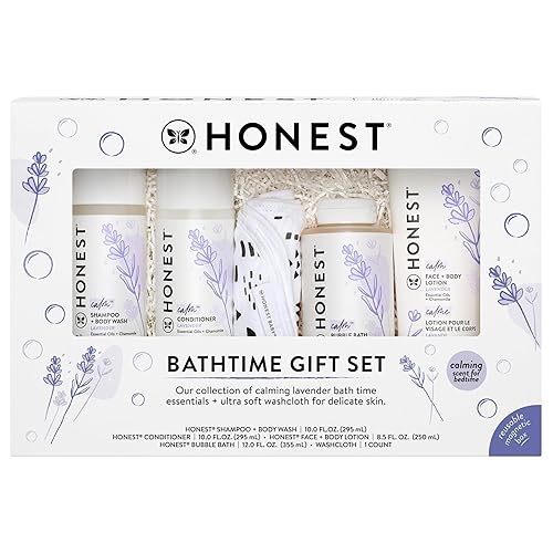 The Honest Company Calming Lavender Bathtime Gift Set Hypoallergenic Bath Essentials for Sensitive Baby Skin Shampoo and Body Wash Face and Body Lotion Bubble Bath Conditioner Wash Cloth