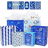 FZOPO Hanukkah Gift Bag Set, 12 Pieces Premium Quality Assorted Sizes Paper Bags with Greeting Cards and Envelopes, 4 Extra Large, 4 Large, 4 Medium (6 Happy Hanukkah Designs)