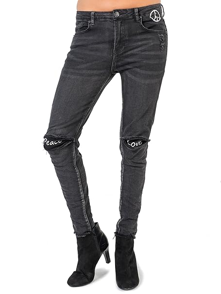 Bianco Jeans Damen Hose Peace & Love - Liebevoll gestaltete Schwarze Slim Fit Jeans mit gestickten Details