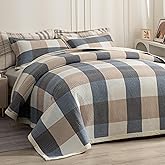 tohrisa Cotton Plaid Quilt Set, Ultra Soft 3 Pieces King Size Bedding with 2 Pillow Shams, Lightweight Reversible Coverlet Bedspread with Wave Quilting for Summer, 108"x96", Grid-Beige Blue