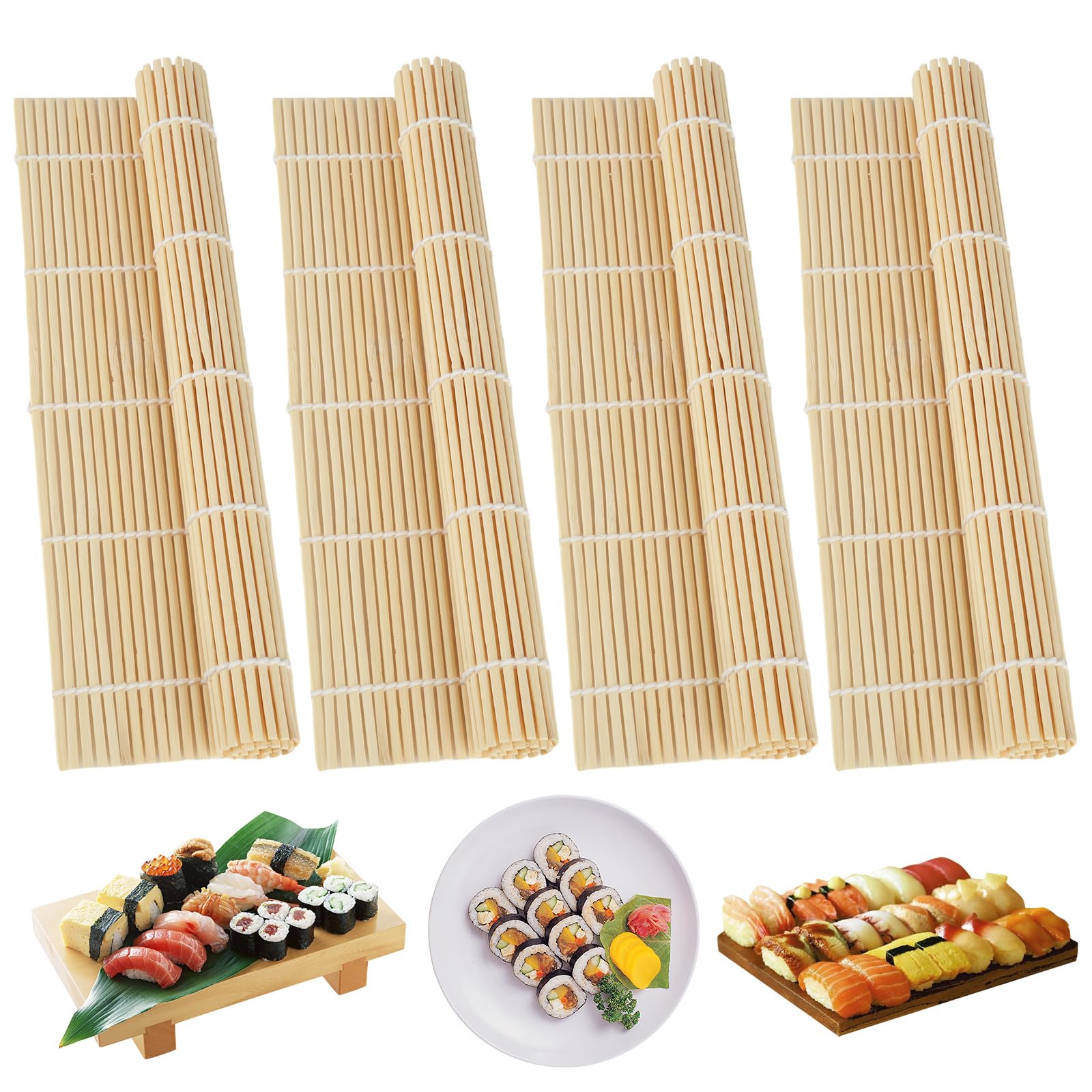 XIEJ 4 PCS Sushi Mats, 24 x 24 cm Bamboo Mat, Reusable Sushi Rolling Mat, DIY Sushi Roller Mold Maker Helper for Beginner, Rolling Mat