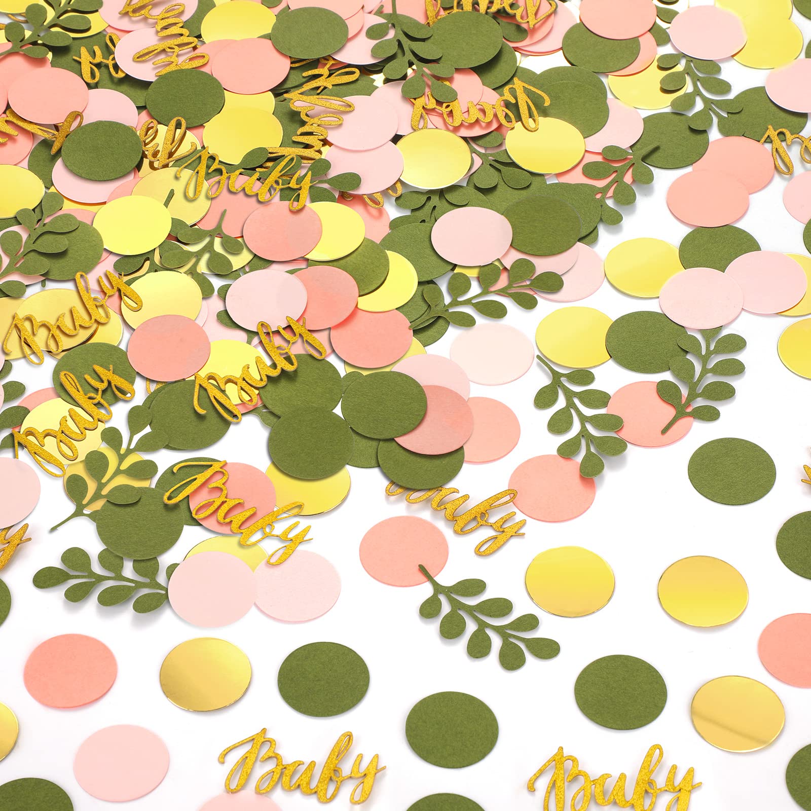Photo 1 of 400 Pcs Sage Olive Green Baby Shower Confetti Scatter Decorations Peach Blush Pink Table Confetti Dots with Eucalyptus and Gold Baby Scatter for Gender Reveal Decor