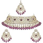 I Jewels Gold Plated Indian Wedding Bollywood Kundan Pearl Hanging Choker Necklace Jewellery Set With Earrings & Maang Tikka For Women