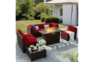 VONZOY 8 Pieces Outdoor Patio Furniture Set with 44" Fire Pit Table Rattan Sectional Conversation Sets w/Gas Fire Pit, Coffee Table, 2 Waterproof Covers, Wine red