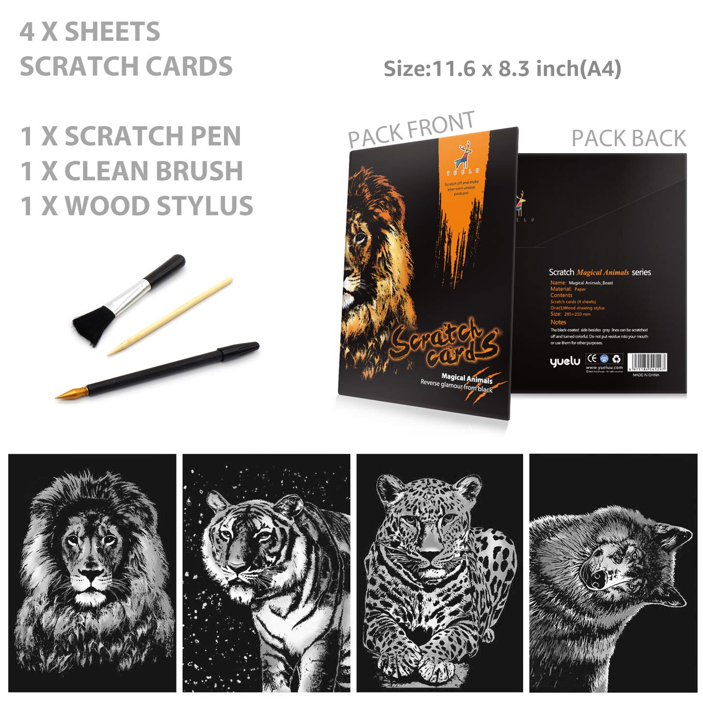 MIASTAR Scratch & Sketch Art for Kids & Adults, Rainbow Painting Night View Scratchboard(A4), Art & Craft, 4 Sheets Scratch Cards & Drawing Pen, Clean Brush (Wild Beast)