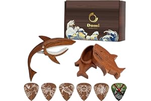 DOMI THE CHOSEN PRODUCTS "Save Our Oceans" Shark Guitar Capo Gift Set–1 Wood-Finish Shark-Shaped Capo&1 Shark-Shaped Guitar Pick Holder with 6 Picks (5 Shark Food+1 Ocean Trash)–Fun Eco Educational Music Gift for Eco-Warriors