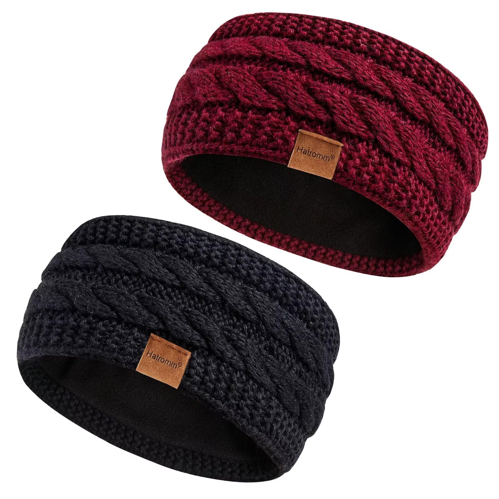 Hatromm Winter Headbands for Women Wool 2 Pack, Ear Warmers for Women Knitted Thick Fleece Lined, Headbands for Women's Hair Cold Weather Warm Ear Muffs(Black+Burgundy)