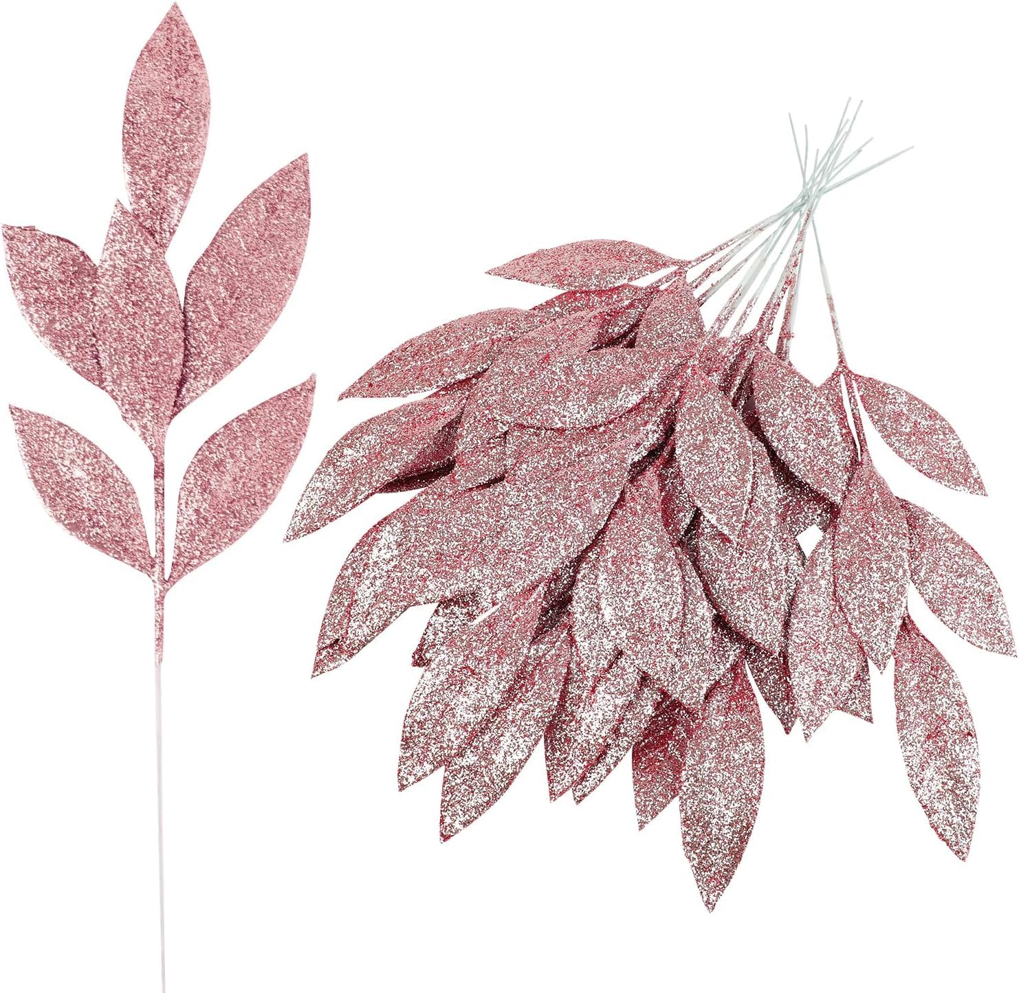 VEYLIN Christmas Glitter Bay Leaf, 12Pcs Artificial Pink Christmas Tree Picks Sprays for Christmas Tree Wreath Floral Wedding Bouquet Table Centerpiece Decoration(Pink)