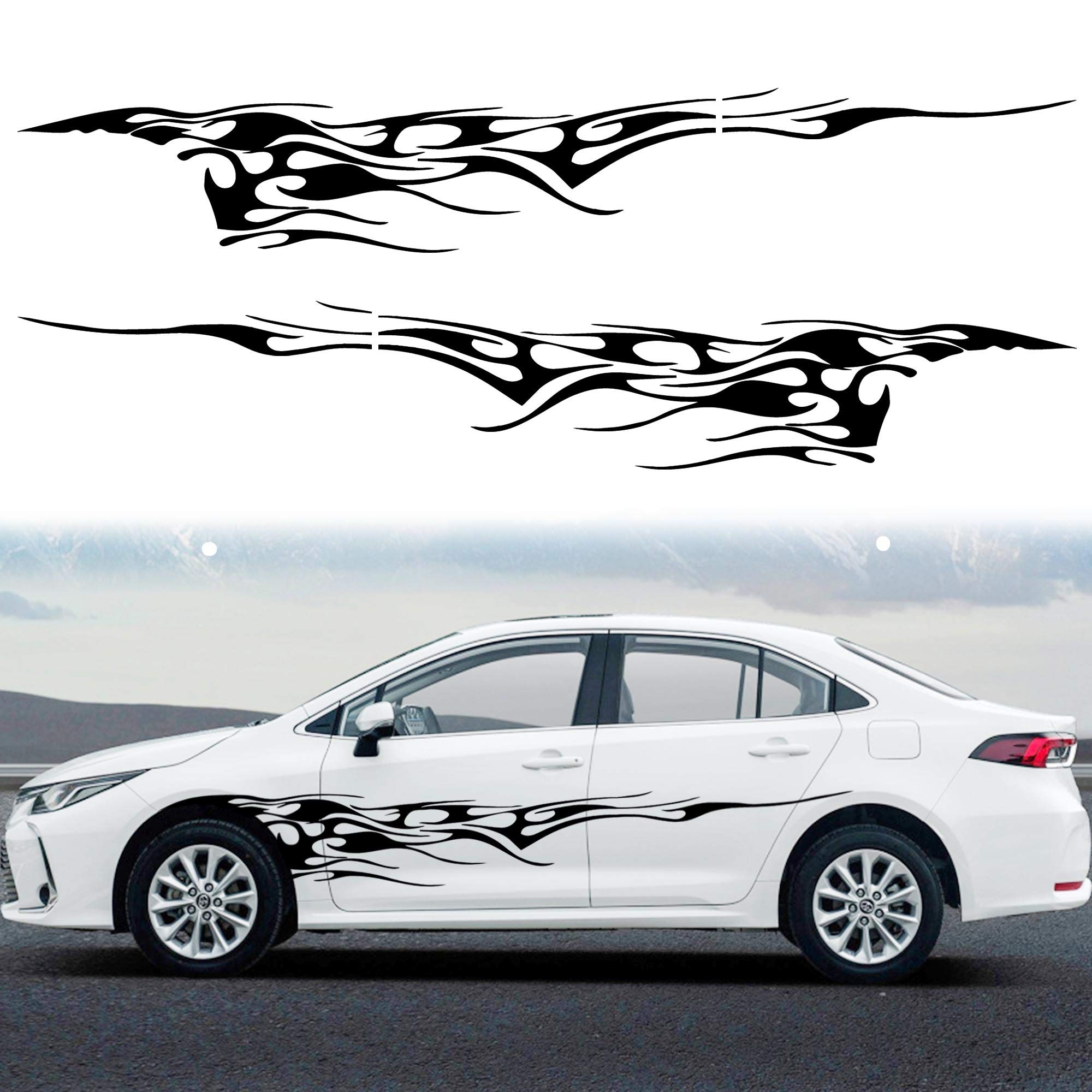 TOMALL 2Pcs 102.7'' Flame Graphics Car Body Side Sticker Flame Racing Sports Stripe Decal for Car Universal Vinyl Self-Adhesive Decal Decoration Accessories for Truck SUV Off-Road Vehicles (Black)