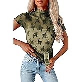 APOOU Womens Floral Sheer Mesh Lace Tops Mock Neck Short Sleeve Shirt Sexy See Through Top Y2k Blouses