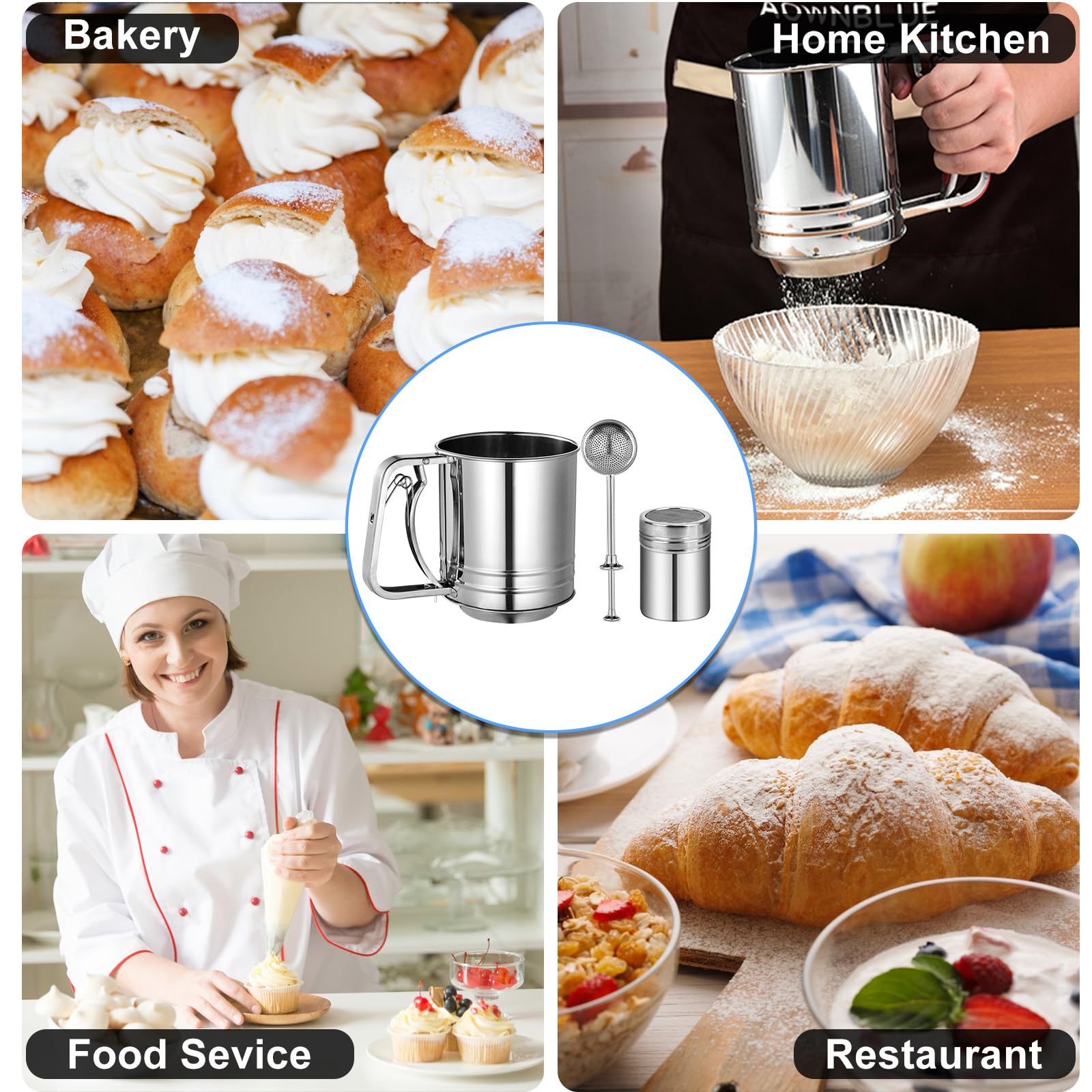 Flour Sifter Stainless Steel,5 Cup Flour Sifter for Baking,3 in1 Sifter for Baking with Powdered Sugar Shaker Duster, Flour Shaker Duster for Baking Cakes, Pastries, Pies, Cupcakes and Desserts