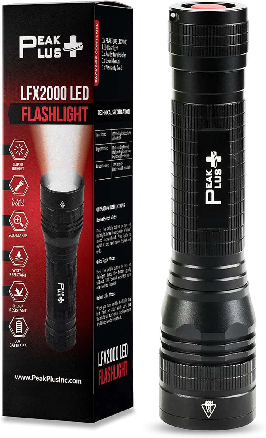 PeakPlus High-Powered LED Flashlight LFX2000 - Brightest High Lumen Light with 5 Modes, Zoomable and Water Resistant - Best Flashlights For Camping, Dog Walking and Emergency - - 
