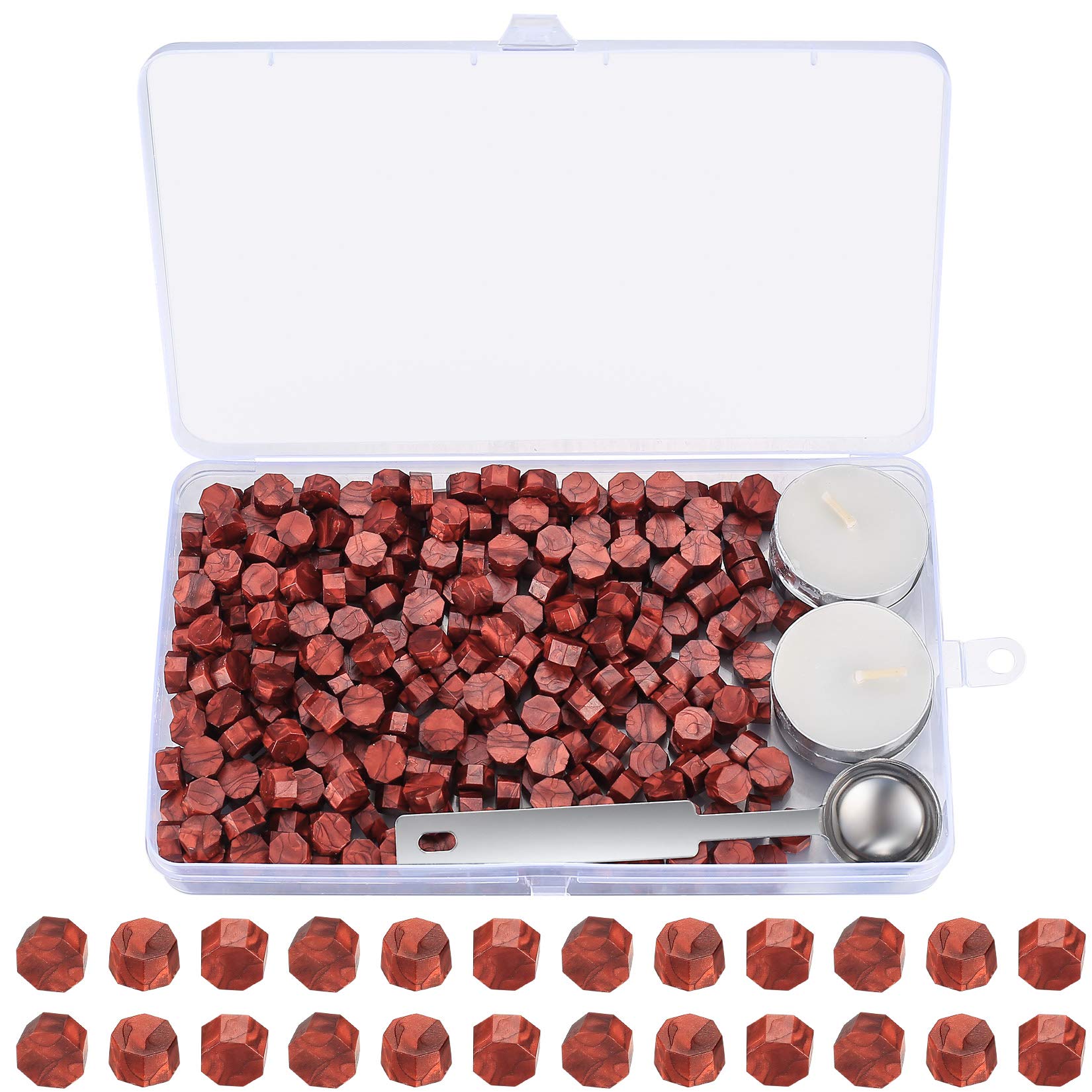 325 Pcs Octagon Sealing Wax Beads Stamps Set With 4 Tea Candles, Melting Spoon, Letter Beads (Wine Red)