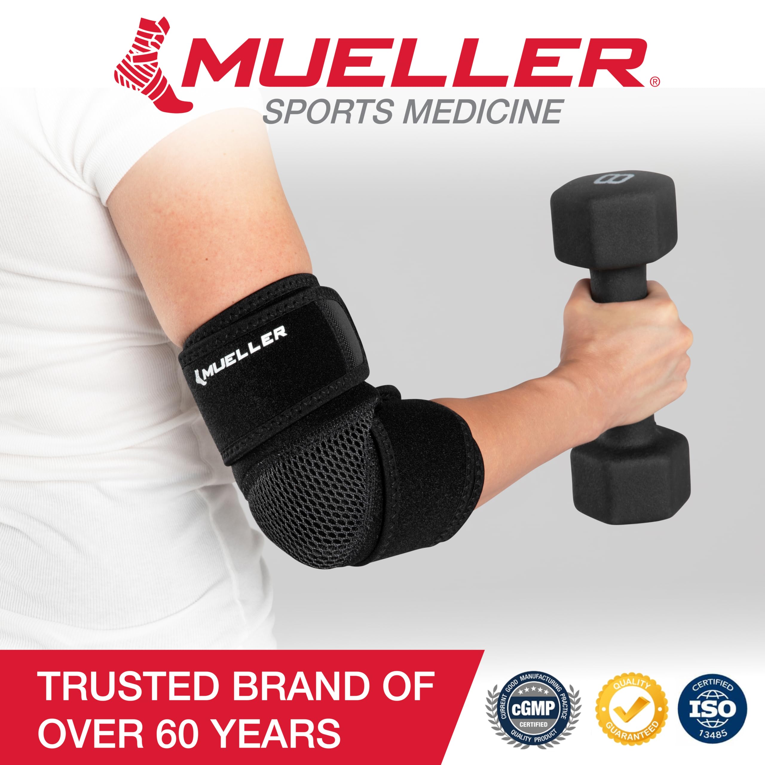 MUELLER Sports Medicine Adjustable Elbow Brace, Elbow Pain Relief Support Sleeve for Men and Women, For Tennis, Golf, Painting, Factory-Line Work, and More, Black, One Size