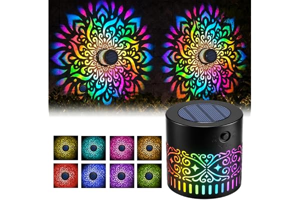 Solar Mandala Lights Outdoor Wall, 7-Color Changing Solar Powered Mandalas Projector Light, Waterproof Metal Fence Decorative