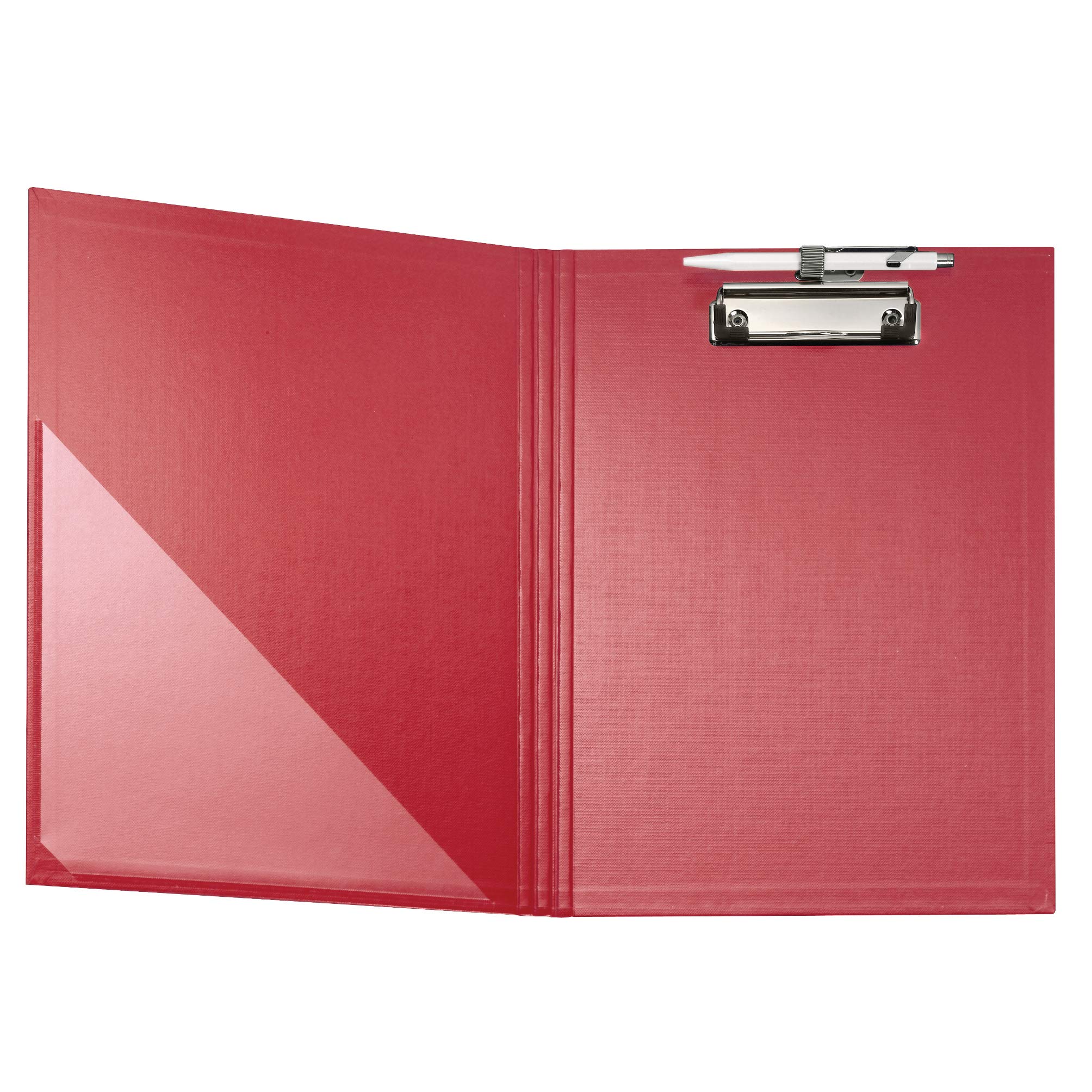 Original Falken premium clipboard folder. Made in Germany. With sturdy cardboard core and plastic cover outside and inside for DIN A4 with pocket in front cover with pen holder red.
