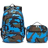 BLUEFAIRY Kids Backpack with Lunch Box for Girls Boys Elementary Primary Middle School Bag with Lunch Bag Set 17 Inch Bookbag Mochilas Escolares para Niñas Niños (Camo, Sky Blue)