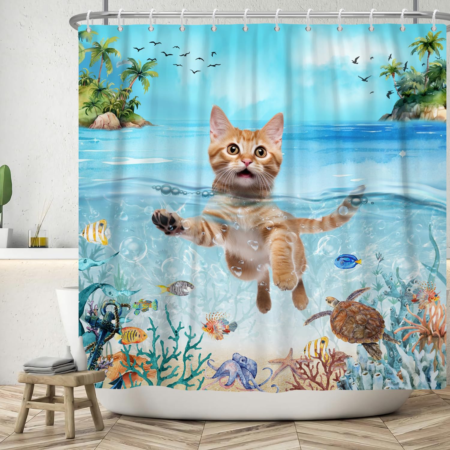 ASDCXZ Shower Curtain Cat 180 x 180 cm, Funny Cute Cat Summer Ocean Palm Trees Sea Animals Coral Washable Bathroom Shower Curtains Polyester Textile Waterproof Shower Curtain for Bath with 12 Hooks — image 1