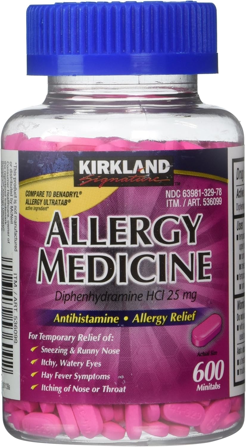 Kirkland Signature Allergy Medicine Diphenhydramine HCI 25 mg - 600 Minitabs: Health & Personal Care