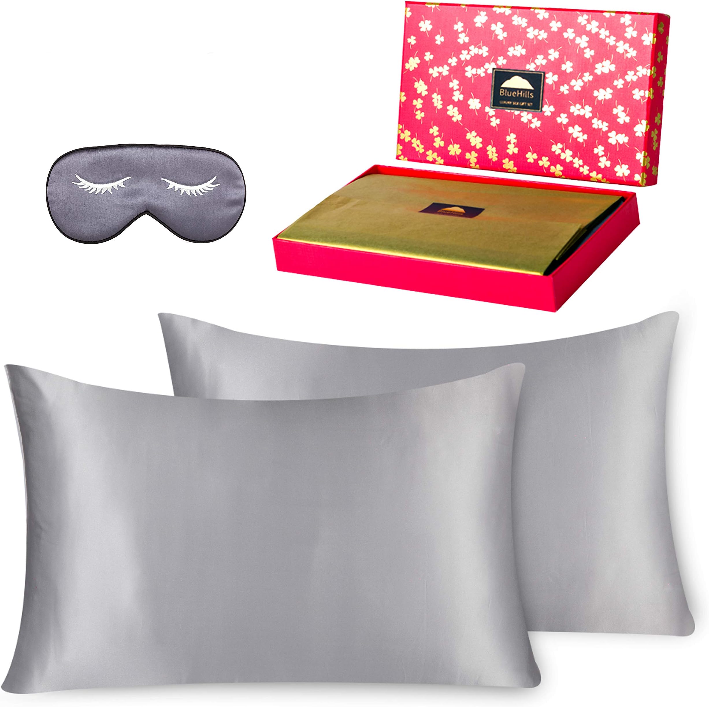 22 Momme 100% Pure Mulberry Natural Soft Both Sides Silk Pillowcase for Hair and Skin Hidden Zipper Silk Pillow Case (22 Momme Gift Pack 3 Piece King, Silver Grey)