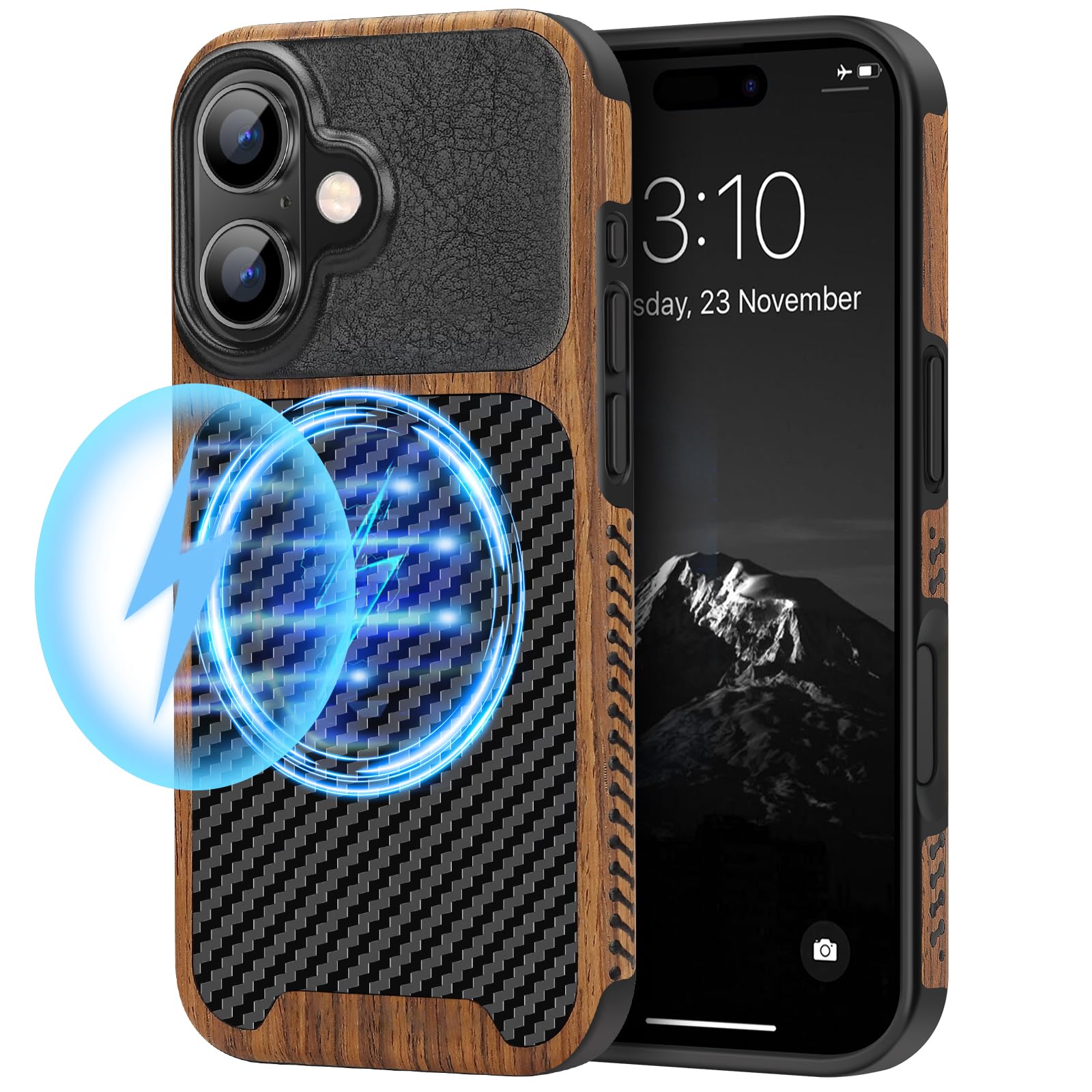 TENDLIN Magnetic Case Compatible with iPhone 16 Plus Phone Case Wood Grain with Carbon Fiber Texture Design Leather Hybrid Slim Case (Compatible with MagSafe) Black