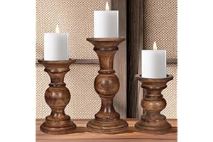 HOMEBIA DESIGNS Candle Stands Wooden for Pillar Candles,Rounded Turned Colums, Sustainable Woods, Country Style, Idle for Reiki, Aromatherapy, Votive Candle Gardens Home décor - 10,8,6 Inch Set of 3 - Burnt
