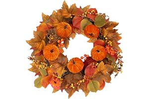 Fall Wreath for Front Door, NEEDOMO 22" Maple Leaf Velvet Pumpkin Wreath for Fall Decor, Artificial Harvest Autumn Wreath Thanksgiving Decorations for Home, Porch, Wall, Outside, Indoor
