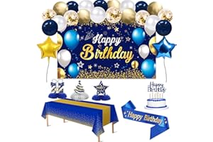 YEOHJOY Birthday Decorations Navy Blue Gold - Happy Birthday Banner, Sash, Balloons, Tablecloth, Cake Topper, Candles,Table Decorations - 35pcs Party Decor for Men and Boys