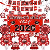 Red Themed 2026 Graduation Decorations Set - Congrats Grad Banner, Class of 2026Backdrop, Balloons &amp; Streamers Kit - Complete Party Supplies for High School &amp; College Celebrations