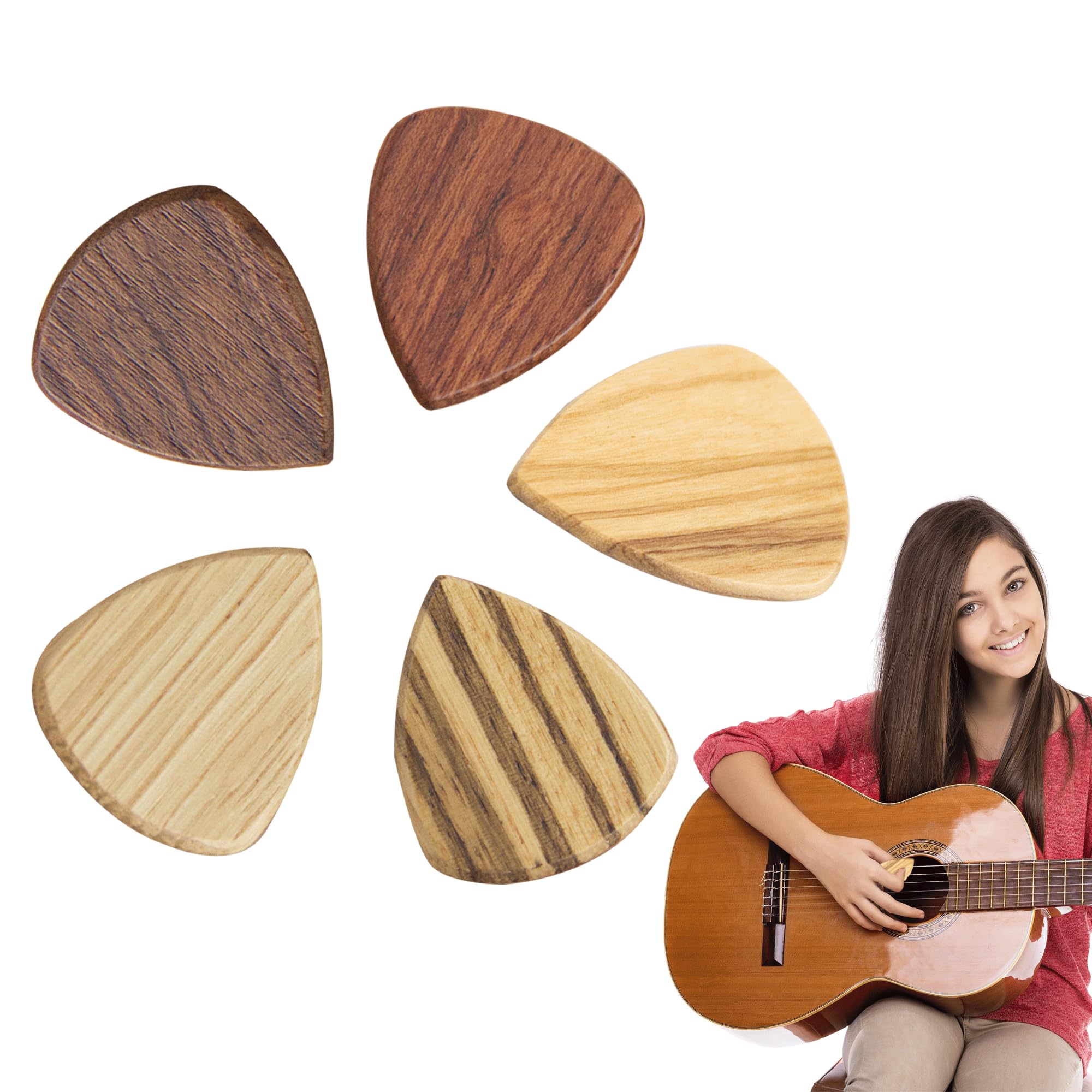 5 Pcs Wooden Guitar Picks Set - Flexible Real Wood Picks for Electric, Acoustic & Bass Guitars and Ukuleles