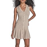 BCBG Women's Sleeveless V-Neck Button Front Pleated Knit A-line Mini Dress