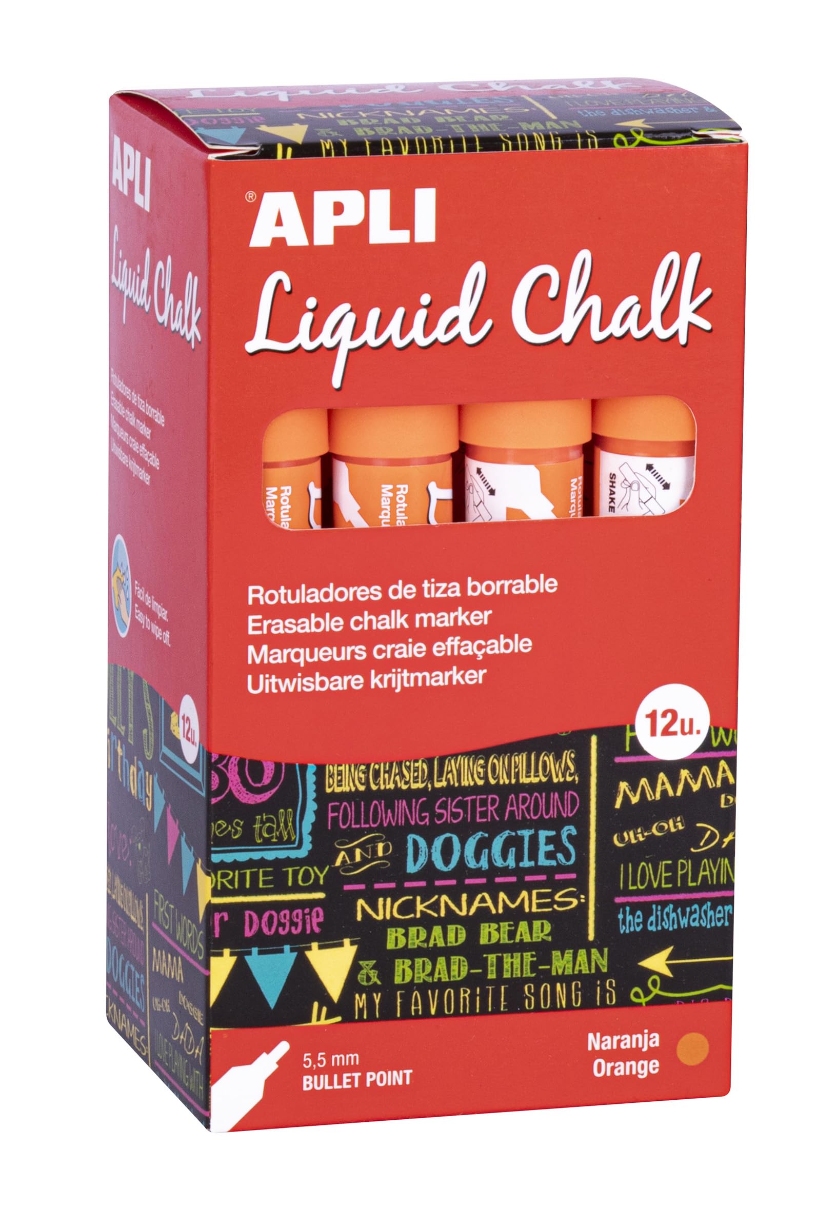 APLI, Erasable Chalk Markers, 5.5mm, Liquid Chalk Round Tip, Orange