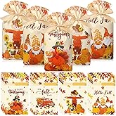 Qeeenar 60 Pcs Fall Thanksgiving Plastic Gift Bags with Drawstring Small Turkey Drawstring Candy Treat Bags Autumn Leaves Pumpkin Gnome Handbags Bulk for Harvest Holiday Party Favors Supplies