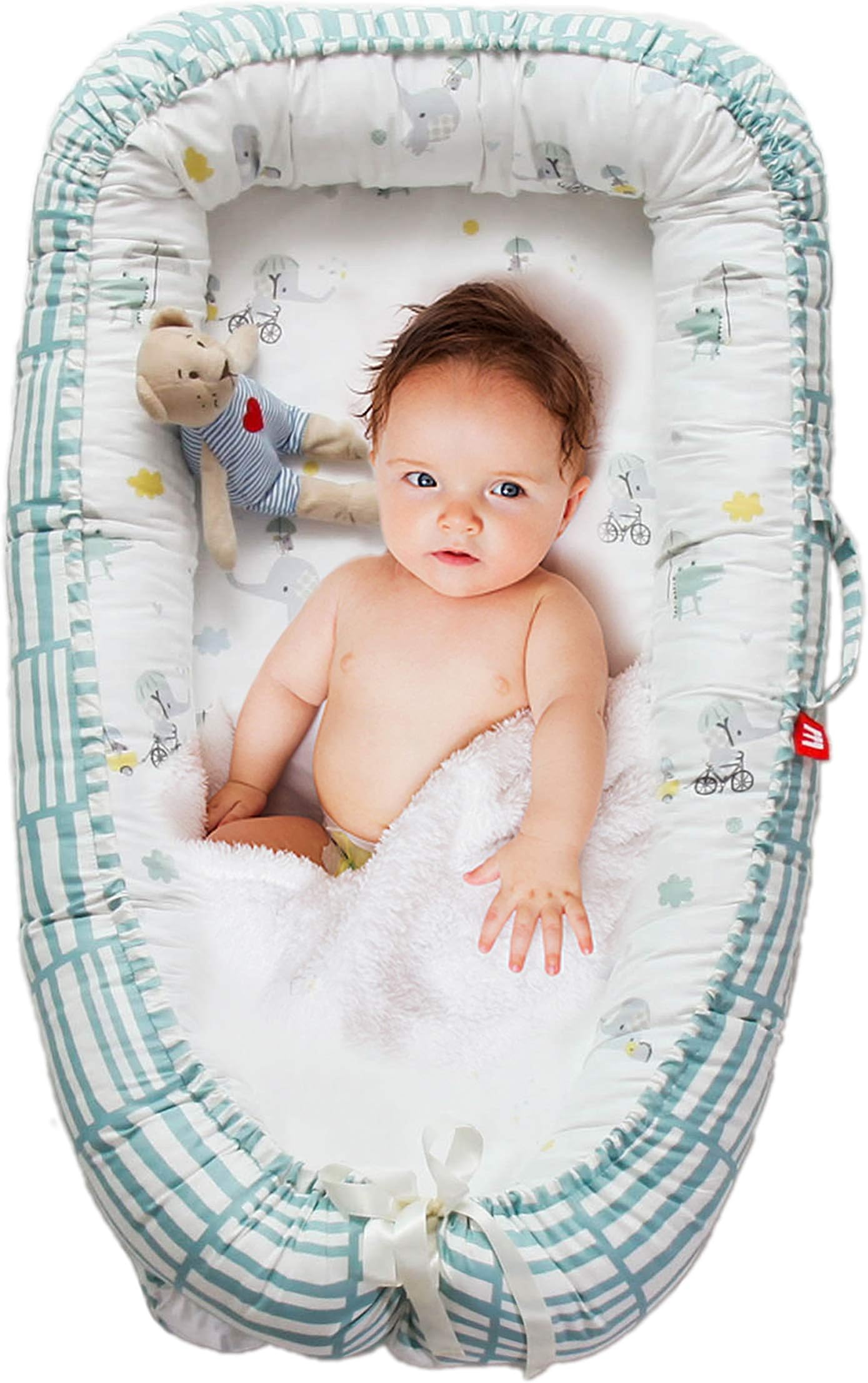 DOLDOA Baby Lounger for Newborn Protable Baby Nest 100% Cotton Baby Bassinet for Bed,Co-Sleep Nest Lounger Pillow for Baby Bedroom/Travel (Elephant)