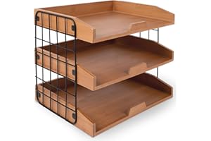 Ecordesk Wood Inbox Tray - Sturdy Letter Tray Desk Organizer, 3 Tier Wooden Paper Tray Organizer, 1/3" Thick Wooden Shelves Paper Organizer for Desk with Metal Frame (Unassembled, Golden)