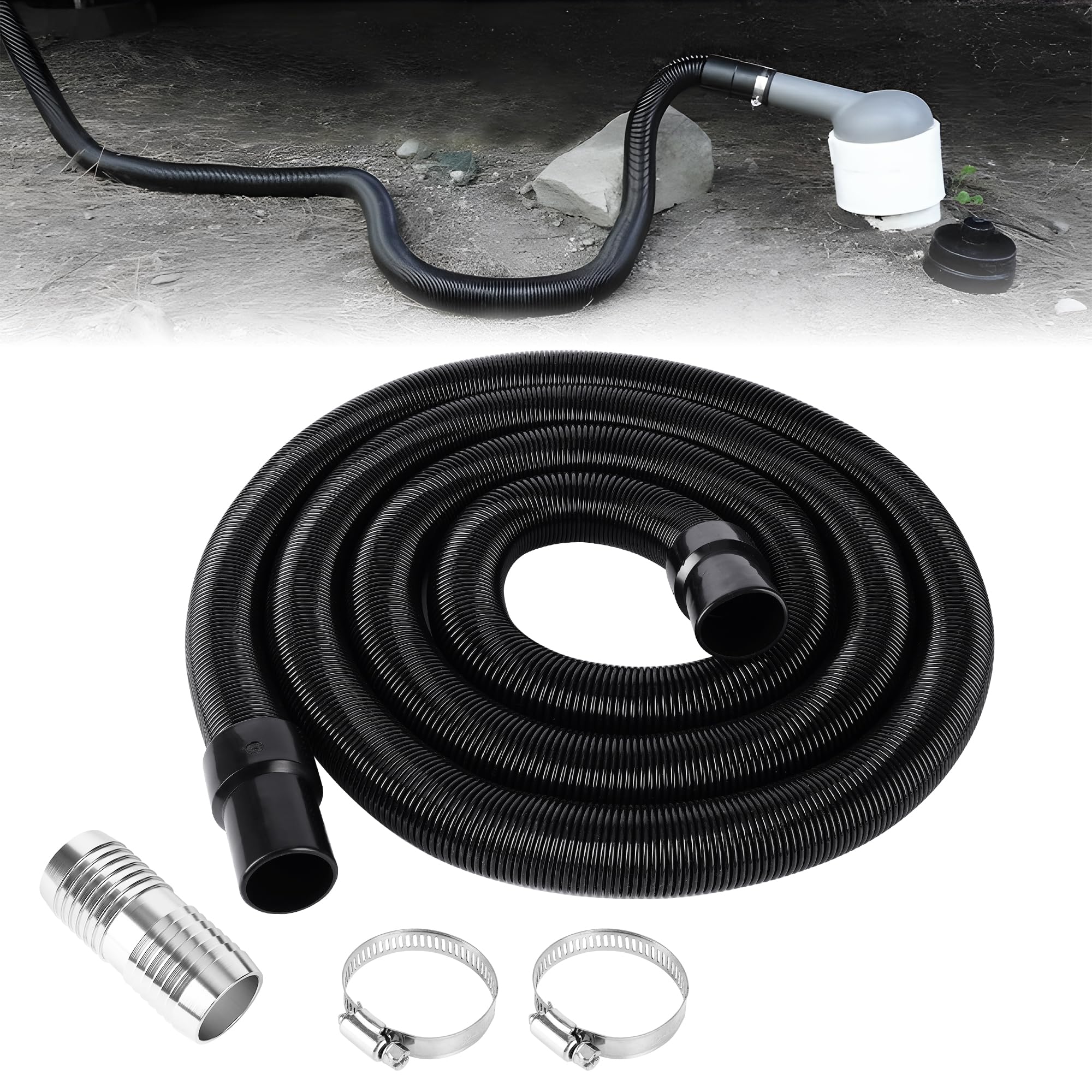 Photo 1 of 97521 Ustinian 33FT RV Macerator Hose Kit for Thetford Sani-Con Turbo 400S 500S 600S 700S, 1-1/2 Inch Black Waste Water Sewage Hose with Quick-Connect Fittings